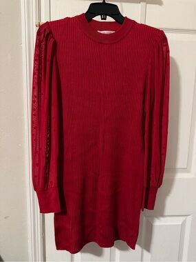 Ultra Flirt Red Ribbed Knit Dress with Sheer Puff Sleeves